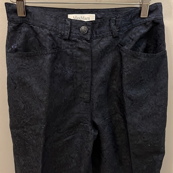 MaxMara Pants Trousers Damask Silk Blend High Rise Navy Blue Size 8 Italy - Picture 1 of 8